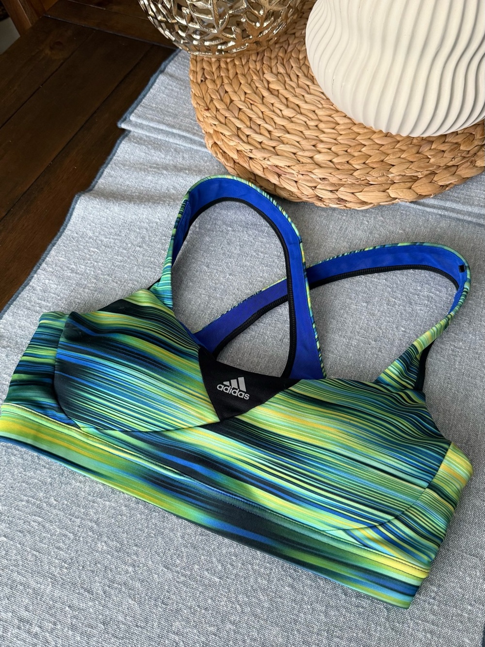 adidas Blue and Green Striped Crossback Sports Bra